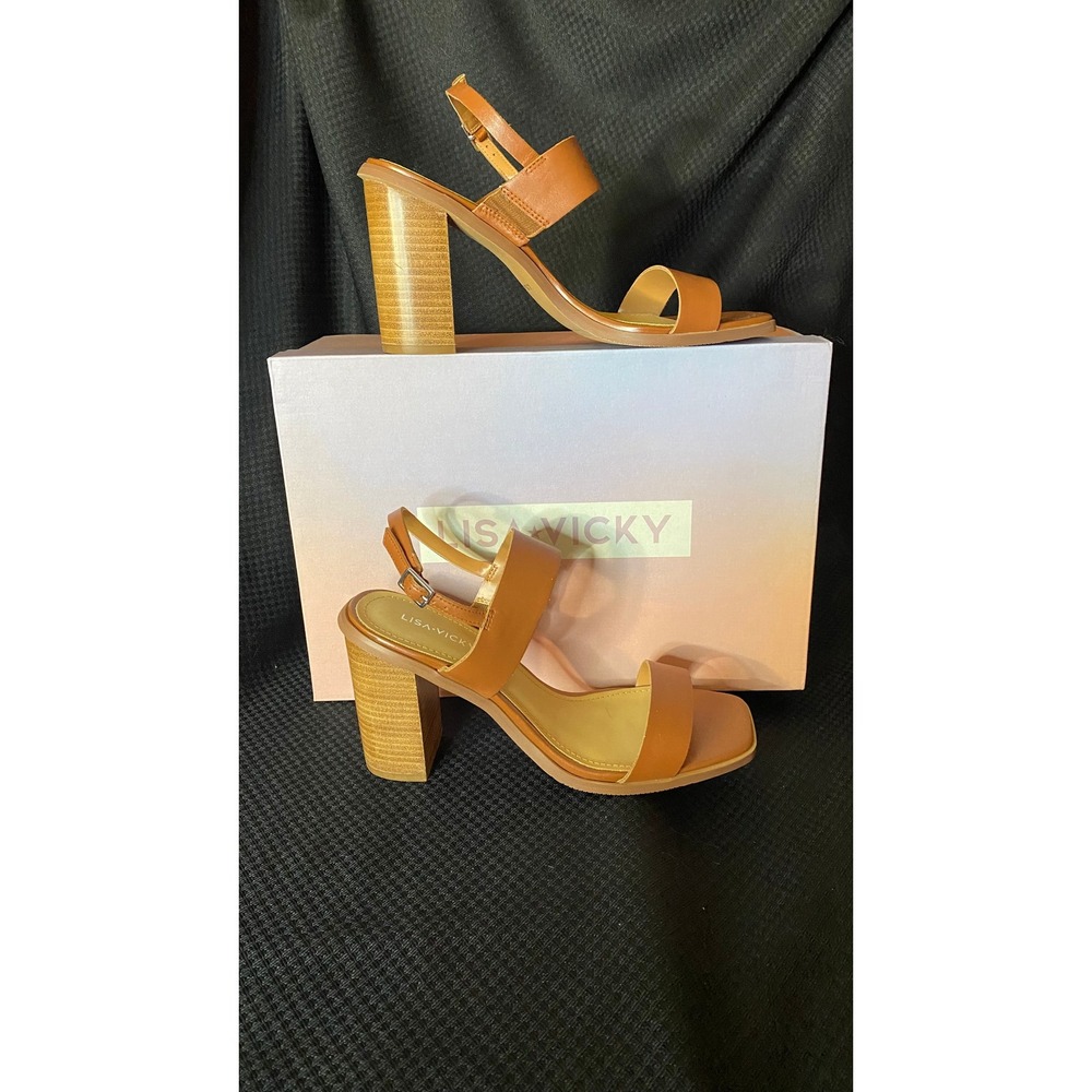 Lisa Vicky Oasis-V Chestnut Leather Block Heel Sandals Women 7M Square Toe Brown